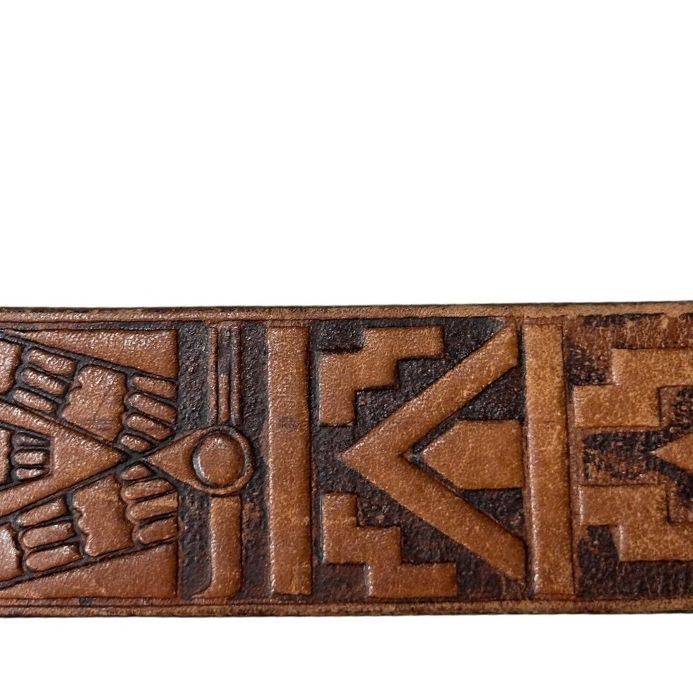 Western Men's Leather Tooled American Indian‎ Headdress Detail No Buckle Belt - Picture 6 of 13